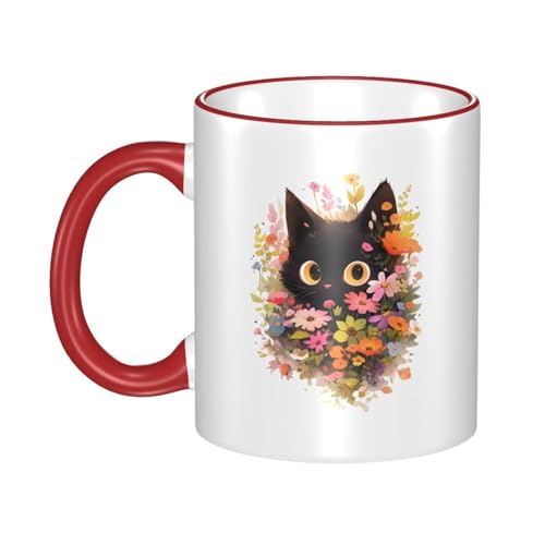 マグカップ コーヒーカップ 花 黒猫 ネコ柄 猫柄 耐熱カップ カップルカップ ペン立て 両面プリント 箱付き 直飲み 陶器 おしゃれ 大容量 330ml 誕生日 プレゼント