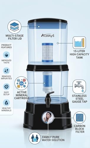Image of Gravity Water Purifier - UF Technology Non-Electric Water Filter | Chemical-Free Purification | 10L Storage (5L Top + 5L Bottom) for Home & Office (Black)