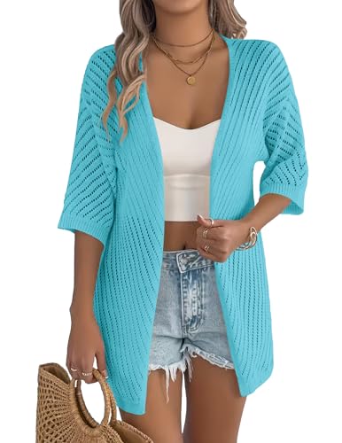 Image of Zeagoo Lightweight Summer Cardigan for Women Short Sleeve V Neck Crochet Kimonos Loose Open Front Hollow Out Cover Ups