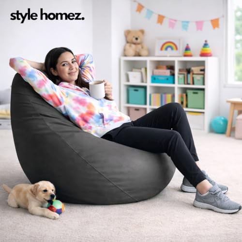 Style Homez Premium Leatherette Classic Bean Bag XXL Grey Cover - Image 4