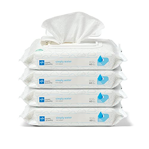 Medline Simply Water Baby Wipes, 99% toallitas de solución de agua, 100% tela de fibra de bambú a base de plantas, 4 paquetes de 60 unidades