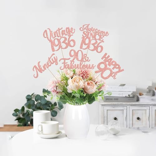 Image of 15 PCS 90th Birthday Centerpiece Sticks Double Sided Ninety Happy 90th Vintage 1936 Table Flower Centerpieces Sticks Cheers to 90 Fabulous Floral Decorations for 90th Birthday Party Supplies Rose Gold