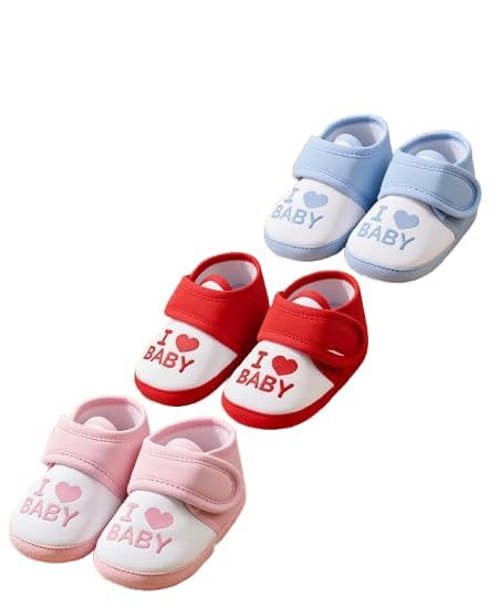 Baby Booties with Velcro Strap, 'I Love Baby' Print, Soft Sole First Walker Shoes, Blue, Red, Pink-image-40