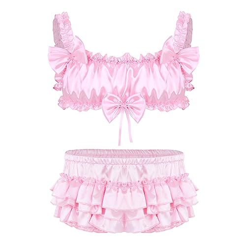 Yartina Men's Satin Lingerie Set 2pcs Bowknot Bra with Ruffled Panties Tank Tops Crossdresser Underwear
