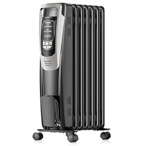 PELONIS Radiator Heater for indoor use Large Room with Remote, Thermostat & LED Display, Quiet Oil Filled Heater with 5 Temperature Settings, Overheat & Tip-Over Protection, Silver