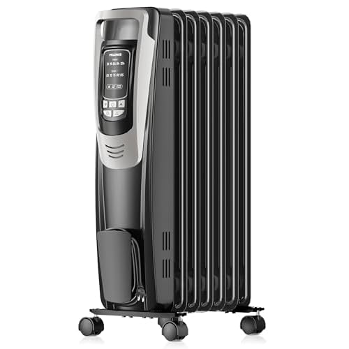 PELONIS Radiator Heater for indoor use Large Room with Remote, Thermostat & LED Display, Quiet Oil Filled Heater with 5 Temperature Settings, Overheat & Tip-Over Protection, Silver