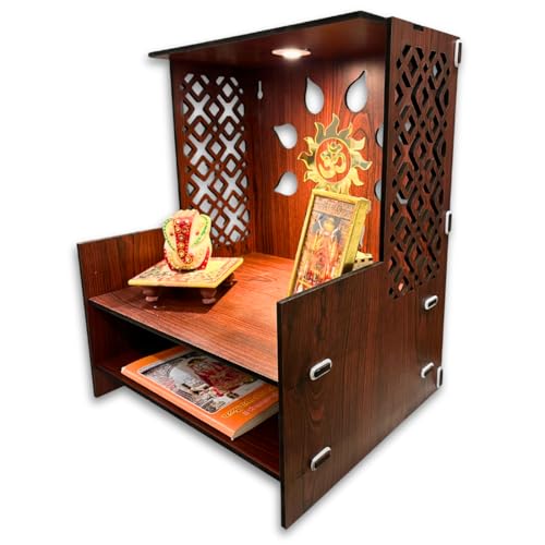 Image of Zesta Wooden Mandir for Home Big Size | DIY Pooja Mandir with LED Spot Light | Devghar Cabinet for Living Room or Office | Wall Mounted Pooja Unit for Home (Brown Big)