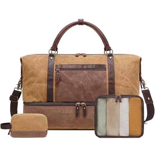 Vintage Duffle Bag for Travel: Weekender Overnight Leather Bag Waterproof Waxed Canvas Duffel Bag with Shoe Compartment & 2 Packing Cubes, Heavy Duty Camping Flight Bags for Mens (Khaki)