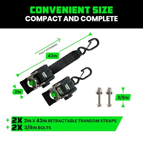 Image of Rhino USA Retractable Boat Transom Straps (2-Pack) - Saltwater Compatible | 2in x 43in Trailer Mount Straps for Boat, Jet Ski. Durable Powder Coated Steel, Retractable Design, Rust-Resistant.