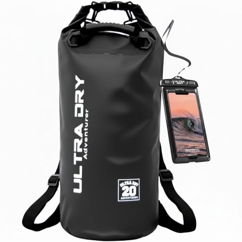 20L Premium Waterproof Bag, Sack with Phone Dry Bag and Long Adjustable Shoulder Strap Included (Black, 20 L)