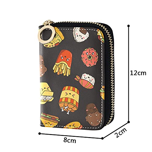 Fast Junk Food Hamburger French Fries Ice Cream Faces On BlackGrey Credit Card Coin wallet, RFID Blocking Compact Women Leather Card Holder, Key Change Organizer, Zipper Purse Clutch Pouch Pocket4