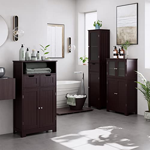 Horstors Bathroom Cabinet, Floor Storage Cabinet With 2 Doors And 2 Drawers, Free Standing Wooden Storage Organizer For Bathroom, Living Room, Office, Dark Brown #TOP3