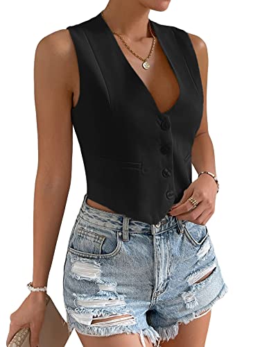 Floerns Women's Solid Sleeveless Button Front V Neck Vest Waistcoat Crop Top