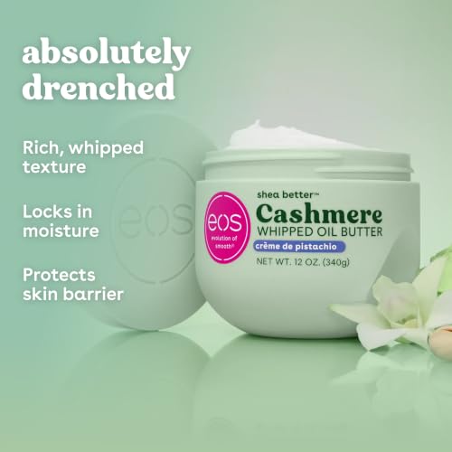 Image of eos Cashmere Whipped Oil Body Butter, Creme de Pistachio, 72 Hour Weightless Moisture For Dry Skin, Rich Formula and Deep Hydration, Body Care, 12 oz