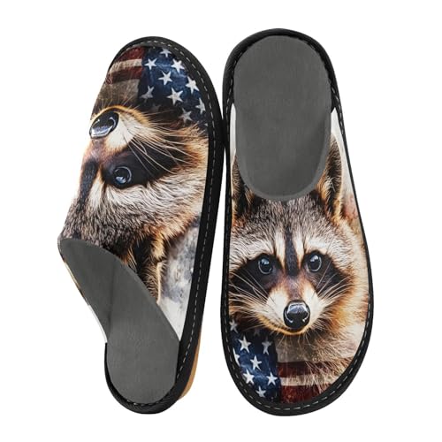 American Raccoon House Slippers for Women Men, Warm Slipper Rubber Sole Memory Foam Indoor Outdoor 4-5
