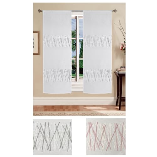 Home Tresor - Coppia Tende a Vetro | Tendine per Finestra, Portafinestra, Soggiorno, Cucina, Cameretta | Mod. Tessa Semitrasparente Base Bianca Fantasia Geometrica (60x240 cm, Grigio)