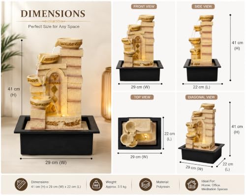 Image of CHRONIKLE Polyresin Designer Table Top Indoor Home Decor 4 Steps Waterfall Fountain with Yellow LED Lights & Water Flow Controller Pump (Size: 40 x 29.5 x 22CM | Weight: 2185grm | Color: Cream)