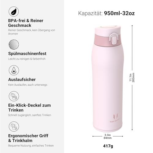 Sparrow Edelstahl Trinkflasche 950ml - Thermosflasche - 2 Deckel – Ansicht 3