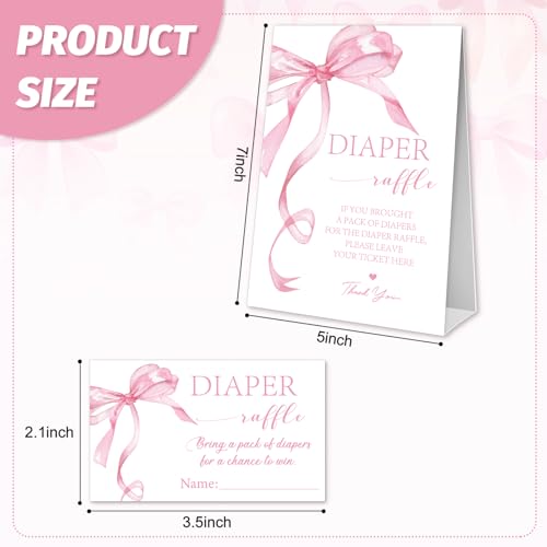 FYSUIMU Baby shower Diaper Raffle Game Kit 1 Diaper Raffle Sign and 50 Tickets Set Watercolor Pink Bow Template for Baby Shower Gender Reveal Parties - Thumbnail 2