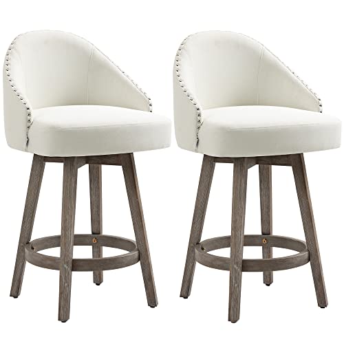 Homcom 26" Counter Height Bar Stools, Linen Fabric Kitchen Stools With Nailhead Trim, Rubber Wood Legs And Footrest For Dining Room, Counter, Pub, Set Of 2, Cream White #TOP5