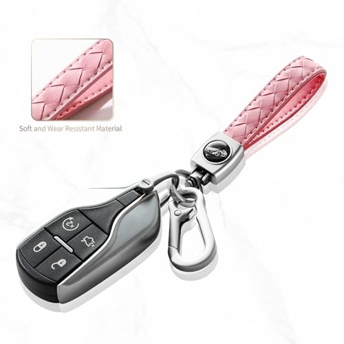 Image of Gkeygo Carabiner Keychain, Universal Heavy Duty Woven Handmade Leather Key Chain, Car Fob Key Keychains with 360 Degree Rotatable Snap Swivel and Anti-Lost D-Ring for Men and Women, Silver - Pink
