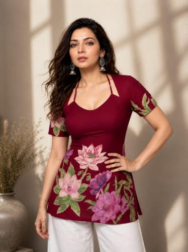 Image of Women's Floral Laila Cut Short Kurti Cotton V-Neck with Lining, Lightweight Short Sleeve Tunic, Breathable, Casual & Office Wear