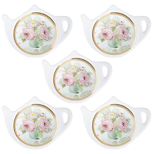 Bicuzat Floral Tea Bag Holder with Golden Trim Tea Porcelain Accessories Teapot Shaped Tea Bag Coaster Resting...