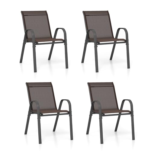KOMFOTTEU Juego de 2/4 Sillas de Jardín, Silla Apilable Terreza Exterior de Tela con Marco de Metal, Sillón de Comedor con Reposabrazos y Respaldo Alto, Carga 150kg, 56 x 70 x 84 cm (4, Marrón)
