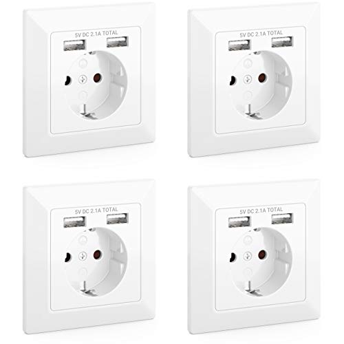 4x Einbausteckdose mit 2x USB Wandsteckdose Schutzkontakt Steckdose Unterputz Montage für Innenbereich USB Ladefunktion Handy Smartphone