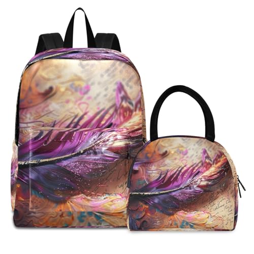 Backpack Lunch Bag Set Purple Feather Print, Big Storage Travel Backpacks with Insulated Lunch Box for Office Hiking Picnic - Main Image