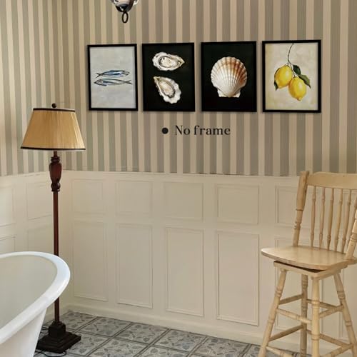 Image of WEFKODO Vintage Beach Shell Sardine Lemon Wall Art Painting Picture Prints, Coastal Room Beach Wall Decor Posters 4Pcs, Beachy Decor for Home Living Room Bathroom Farmhouse, 8x10 Unframed