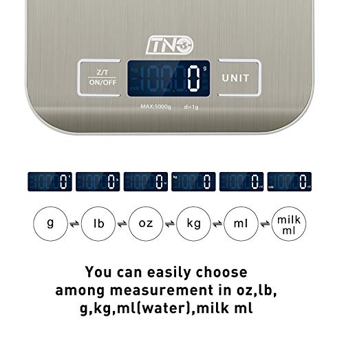 Kitchen Food Scale, 11 lbs/5kg Small TNO Stainless Steel Digital Scale with Tare Function for Weight Grams and oz for Cooking Baking, 1g/0.03 oz Precise Graduation