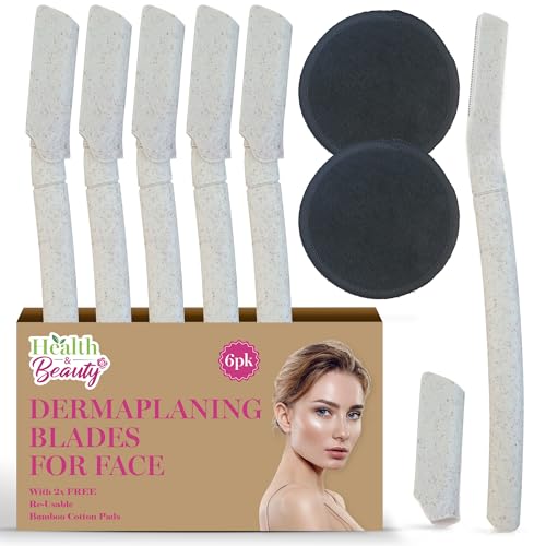 6pk Dermaplaning Blades for Face with Re-Usable Bamboo Cotton Pad 2pk, Gentle Peach Fuzz Remover Woman, Face Razors Women Dermaplaning, Face Shavers, Eyebrow Razor Women, Facial Razors Women