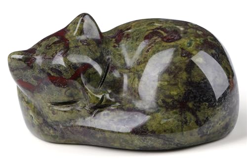 YATOJUZI 2" Cat Decor Figurines Dragon Blood Stone Crystals Sleeping Cats Decor Hand Carved Cute Crystal Animal Statues Decors Room Home Office Desk Decorations Cat Gifts for Women