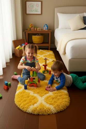 Image of Fluffy Silky Micro Fiber Polyster Carpet /Runner for Bedroom, Study Room, Playing Room, Guest Room ETC. 5x7 feet Feet, (Yellow and Ivory M II)