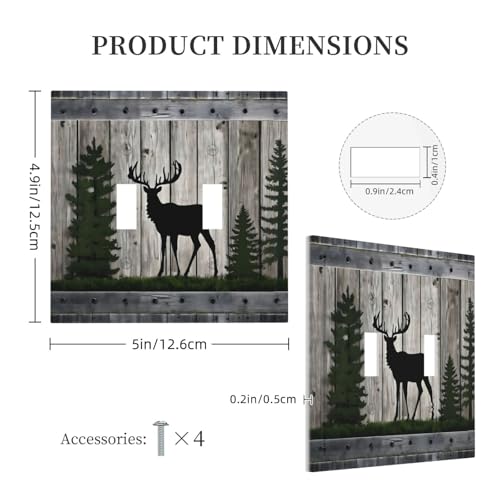 Decorative Light Switch Cover Plate Rustic Deer Elk Forest Grey Wood Board 2 Gang Wall Plate Oversized Double Toggle Two Switch Wall Cover Plate Dual Device Faceplate