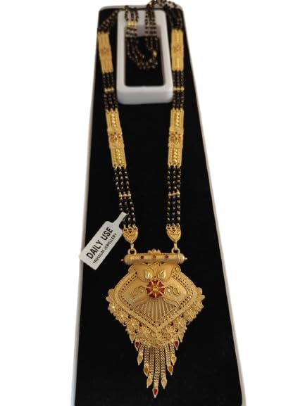 JAITU JEWELS Traditional Gold Plated Mangalsutra for Women with Diamond Shape Pendant & Red Stone Detailing | Multi-Strand Black Beads Ethnic Necklace