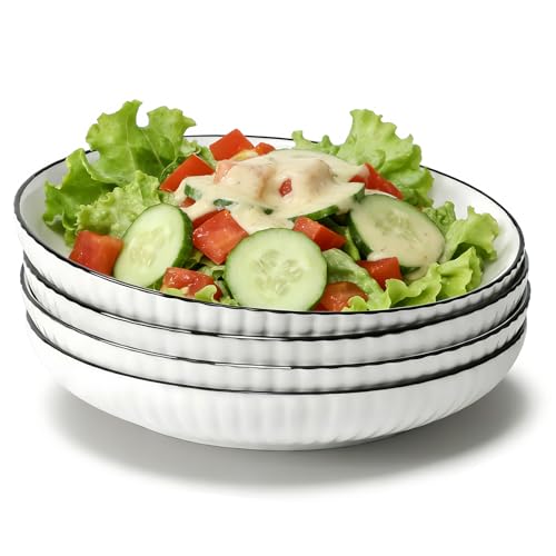 MEETOZ 4Pack Ceramic Pasta Bowls, 8 Inch Salad Bowl, White Ribbed Ceramic Dinner Plates, Soup Bowl, Microwave & Dishwasher Safe, for Kitchen, Restaurant, Outdoor