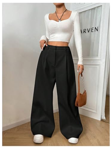 GORGLITTER Women's Elastic Solid Palazzo Pants High Waisted Wide Leg Dress Pants Business Work Casual Long Trousers4