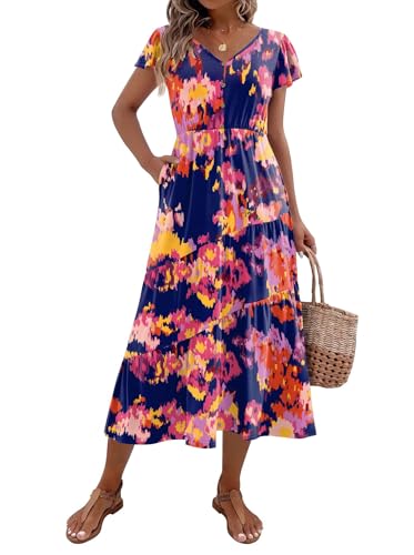 Image of Zeagoo Women's Summer Casual Dress Flutter Short Sleeve V Neck Button Down Tiered Flowy Long Dress with Pockets