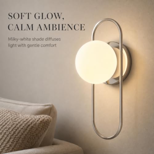 Image of Modern Wall Sconce Polished Nickel Globe Wall Light for Bedroom Hallway | Modern Minimalist Design Soft Frosted Globe Shade Polished Nickel Finish Warm & Comfortable Lighting Ideal for Bedroom
