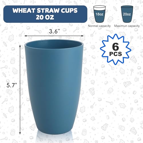 Image of Large 20OZ Wheat Straw Cup, Unbreakable Coffee Cups Set of 6, Blue | Sturdy Reusable Drinking Tumblers for Milk, Juice & Iced Coffee - Plastic Cups for BBQ & Camping