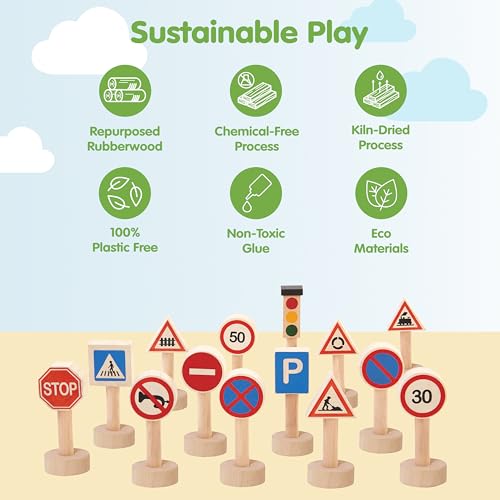 Image of PlanToys Traffic Signs & Lights Wooden Montessori Imaginative Kids Play Set