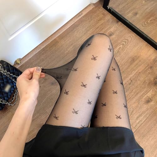 4 Pairs Womens Patterned Mesh Tights Sheer Pattern Thigh High Stockings Sexy High Waist Pantyhose Tights with Designs Bow2