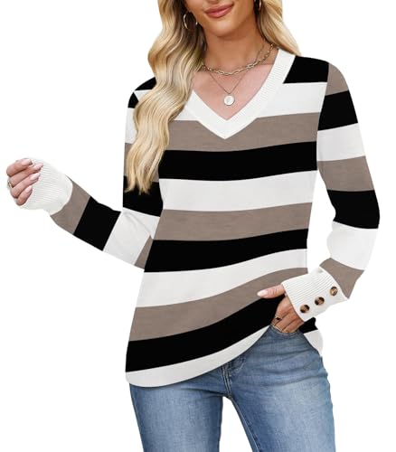 Image of WIHOLL Lightweight Sweaters for Women Long Sleeve V Neck Knit Outfits with Decorative Buttons
