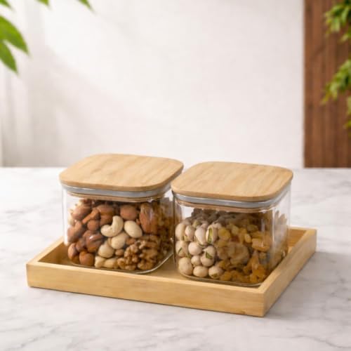 Image of Borosilicate Glass Storage Jar Set with Tray (Transparent, Set of 2-Squar)