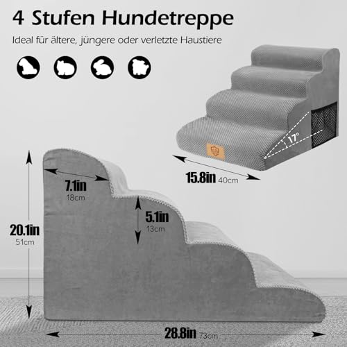 MASTERTOP Hundetreppe 4 Stufen, Hunderampe für Sofa aus Hochdichtem Schaumstoff, Haustiertreppe mit Waschbarem Plüschbezug und Rutschfestem Boden für Große/Kleine Katzen und Hunde, Grau