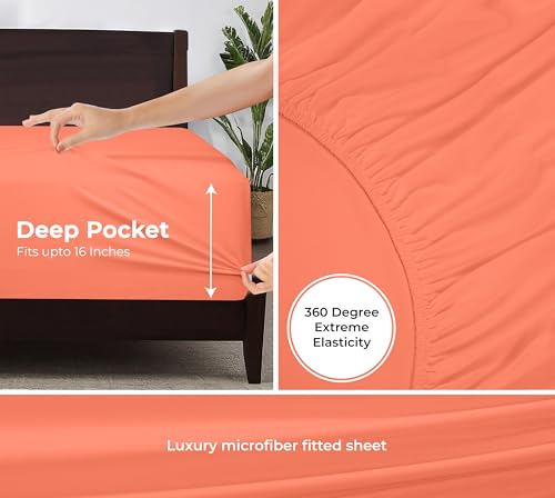 Image of Royale Linens Fitted Sheet King - Ultra Soft 1800 Brushed Microfiber - Hotel Luxury Bottom Sheets - Wrinkle Free & Fade Resistant - Deep Pocket Fitted Sheet Only (King, Coral)