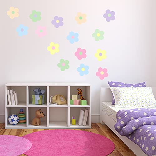 AnFigure 16Pcs Danish Pastel Flower Wall Decals Aesthetic Cute Flowers Wall Stickers Girls Bedroom Bathroom College Hippie Wall Decal Pink Green Blue Yellow Purple Cute Flowers Colorful Wall Decor
