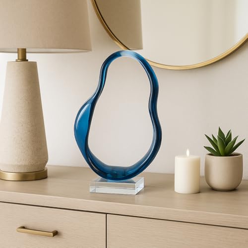 Oval Twist Statuary for Book Shelf and Room Decor - Bartholomew Style for Home, Bathroom, Kitchen and Bedroom - Glass and Resin Accent for Living Room, Office, and Small Desk Accessories - 12", Blue